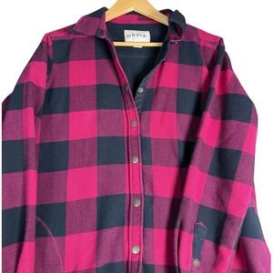 Orvis Womens Fleece Lined Buffalo Plaid Shirt Jacket Pink Navy Blue Snap Large
